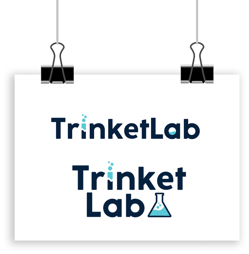 TrinketLab logo design shown on a clipped paper mockup